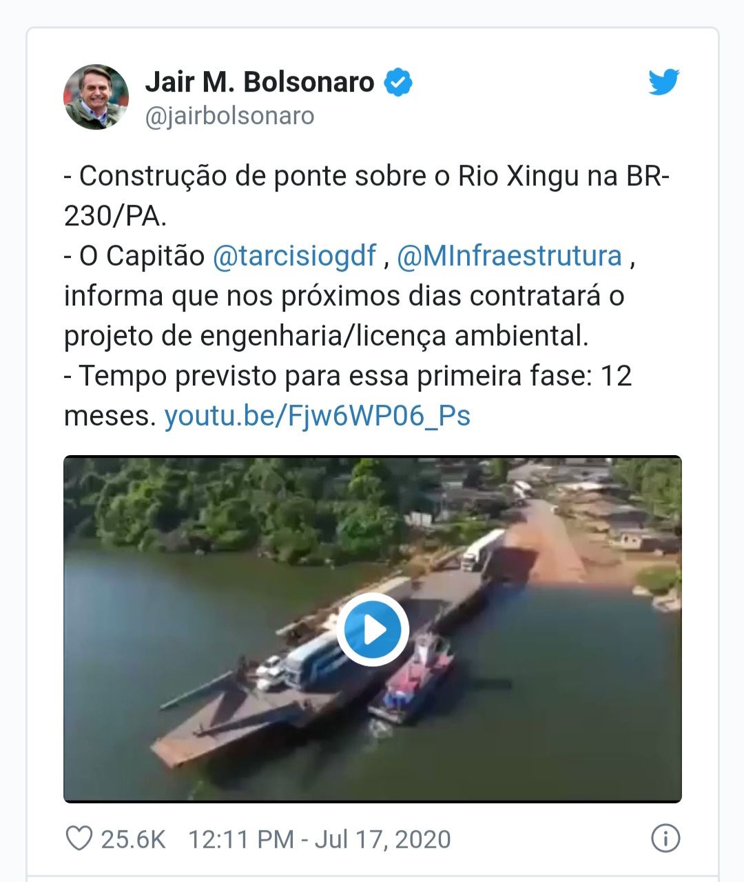 Bolsonaro anuncia construção de ponte sobre o Rio Xingu na BR 230 A