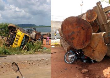 Caminhão carregado de madeira ilegal apreendida pelo Ibama tomba em Altamira, no PA