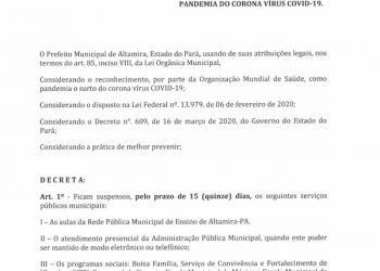 Prefeito de Altamira suspende as aulas na rede municipal por 15 dias e proíbe eventos com mais de 50 pessoas