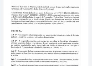 Prefeitura de Altamira emite novo decreto e determinada o fechamento do comércio local