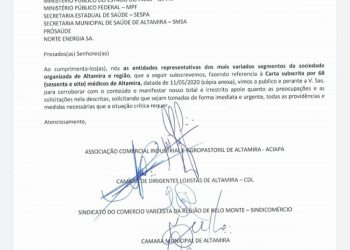 Entidades altamirenses emitem documento em apoio a carta dos médicos, que relatam a falta de profissionais, leitos e medicamentos para combater a pandemia na região do Xingu