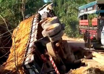 Caminhão com cacau tomba no Assurini, região de Altamira; veja o vídeo.