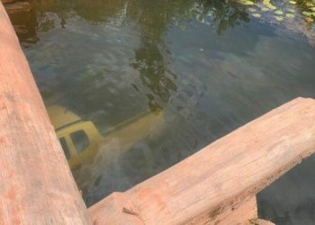 Caminhonete da vítima ficou submersa no igarapé (Reprodução/ Portal Tailândia)