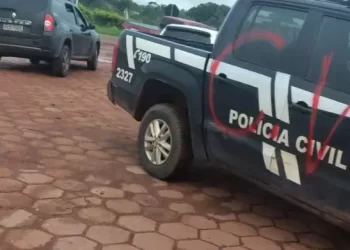 Viatura da Polícia Civil pichada por Werliton Jhonatan Pantoja Carneiro. (Reprodução/ Redes sociais)