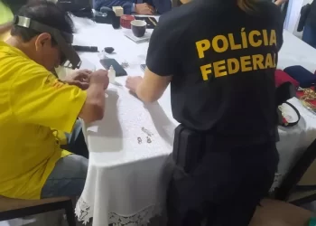 Equipes da PF analisam materiais apreendidos nas fases da Operação Q.I. no Pará — Foto: Polícia Federal/Divulgação