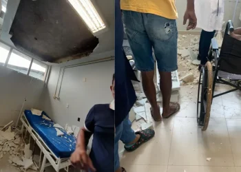 Forro desabou em um dos quartos da unidade de saúde e idoso precisou ser retirado com o auxílio de uma cadeira de rodas. — Foto: Reprodução / Redes sociais