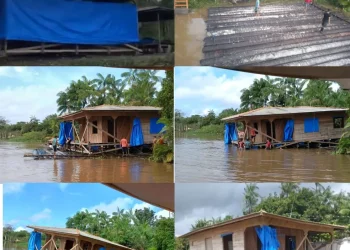 Casa sendo colocada na estrutura construída pelo morador na ilha do Marajó. — Foto: Divulgação