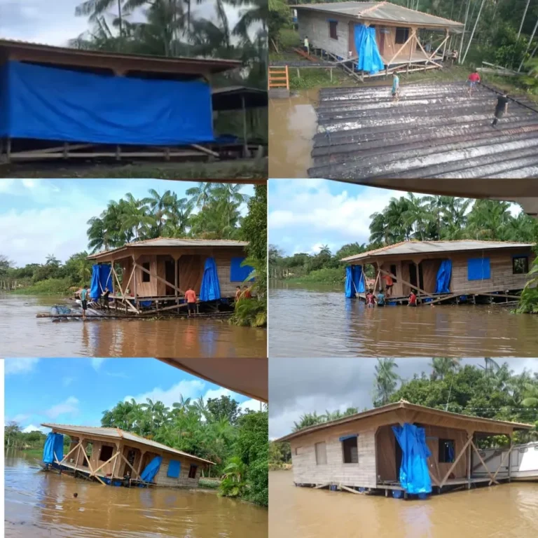 Casa sendo colocada na estrutura construída pelo morador na ilha do Marajó. — Foto: Divulgação