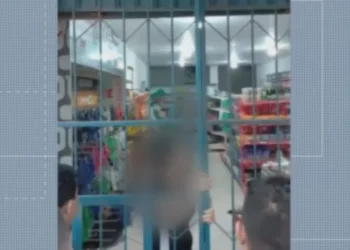 Momento em que criminoso faz idosa refém, dentro de mercadinho. — Foto: Reprodução / Redes sociais