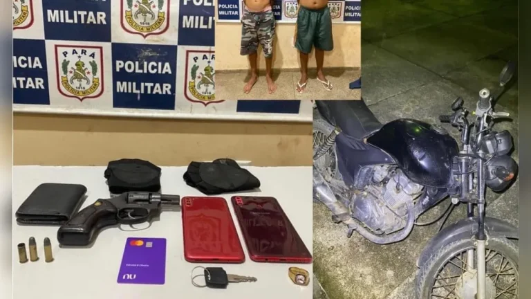 Com a dupla de assaltantes, os policiais encontraram os celulares roubados, uma arma e munições — Foto: Divulgação