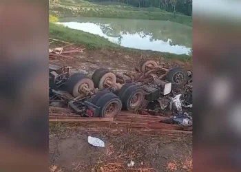 Carreta com carga de madeira tomba e motorista morre preso às ferragens na BR-163, no Pará