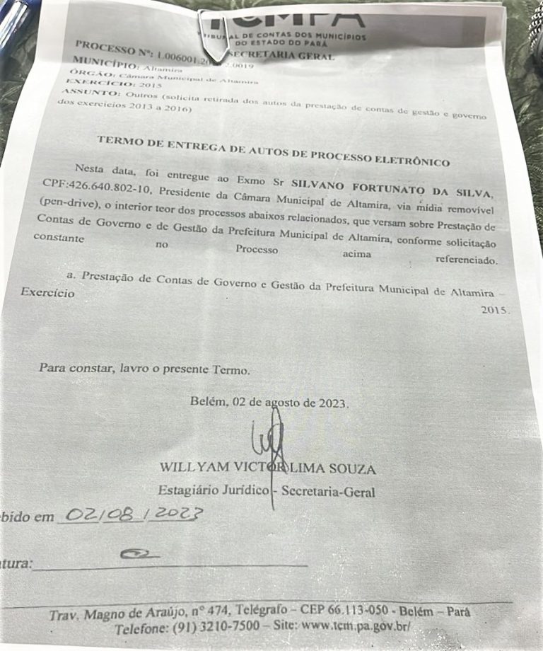 Ofício encaminhado pelo TCM a Câmara Municipal de Altamira