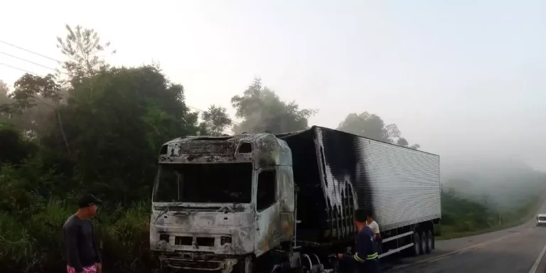 Um caminhão de madeira pegou fogo depois de uma tentativa de assalto, no município de Irituia, no nordeste do Pará. O ataque ocorreu na madrugada deste sábado (12) (Imagem/Redes sociais)