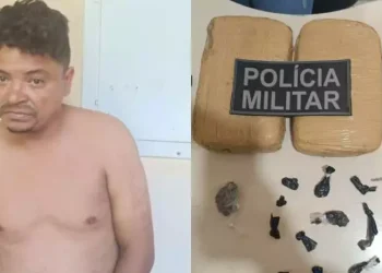 Suspeito Gilmar Ramos Leitão e material aprendido em ação da PM (Foto: Divulgão PM | Giro Portal)