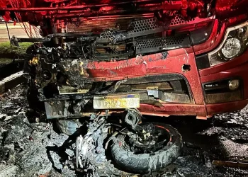 Caminhão envolvido no acidente pegou fogo e ficou tomado pelas chamas (Divulgação / PRF)