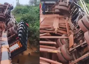 Ponte desaba e carreta fica pendurada sobre rio, em Augusto Corrêa