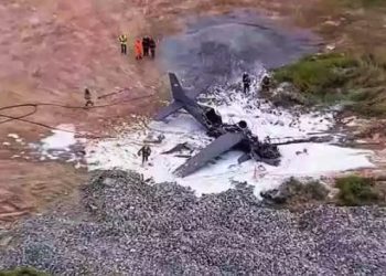 A aeronave pegou fogo após a queda, segundo o Corpo de Bombeiros. (Foto: reprodução/ TV Globo)