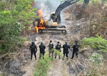 Retroescavadeira é queimada por agentes da Polícia Federal na Terra Indígena Kayapó, em Bannach (PA), durante operação contra garimpo ilegal Divulgação/Polícia Federal