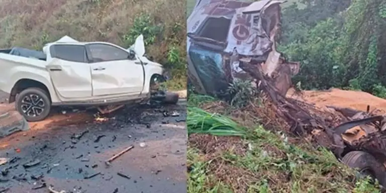 Imagem dos automóveis envolvidos na colisão, uma caminhonete e uma carreta. (Foto: Reprodução | O Impacto)