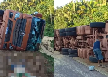Imagem mostra a carreta tombada às margens da rodovia e o condutor deitado ao chão. (Foto: Reprodução | Portal Giro)