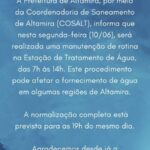 Sistema de abastecimento de água de Altamira passará por manutenção nesta segunda-feira (10/6). Veja o comunicado