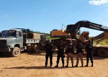 Imagem mostra cinco policiais federais em frente a equipamentos apreendidos que eram usados na extração ilegal de ouro. (Foto: Divulgação | PF)