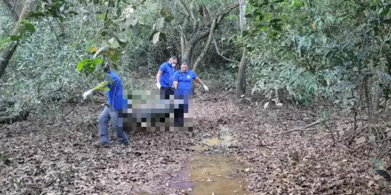 Imagem mostra uma equipe da Polícia Científica (PCEPA) removendo o corpo de Antônio Klayton Ferreira dos Santos Lima, de 44 anos. (Foto: Reprodução | Correio de Carajás)