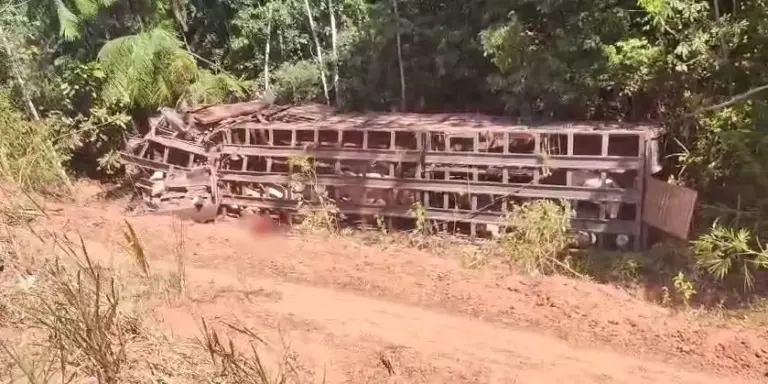 Imagem do caminhão tombado após acidente (Foto: Correio de Carajás)