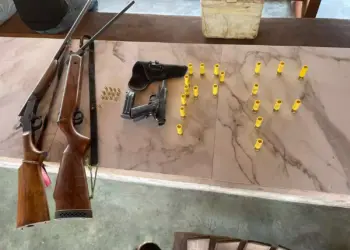 Na fazenda, foram encontradas duas espingardas (uma de calibre 20 e outra 22) de fabricação artesanal, 20 munições calibre 20, 13 munições calibre .380 e uma pistola Imbel calibre 380, todas em desacordo com a legislação vigente. (Divulgação/ PF)