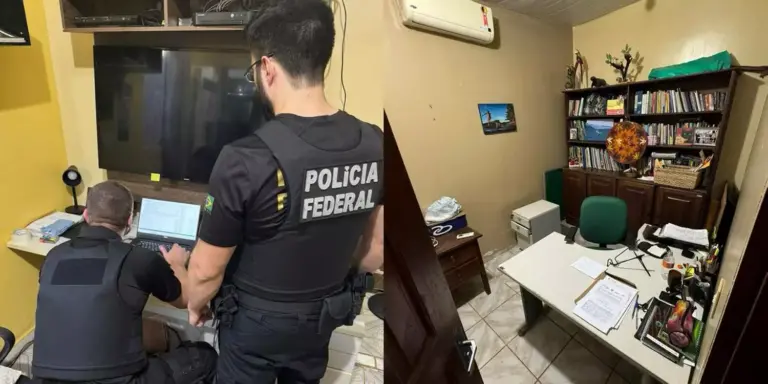 A imagem mostra policiais federais durante a operação “Falso Midas”, realizada nesta terça-feira (20/8), em Santarém, oeste do Pará. (Foto: Divulgação | PF)