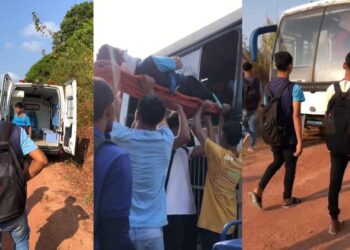 Aluno ferido precisou ser retirado do ônibus em maca. Outros machucados também receberam atendimento médico. — Foto: Reprodução / TV Liberal