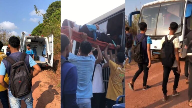 Aluno ferido precisou ser retirado do ônibus em maca. Outros machucados também receberam atendimento médico. — Foto: Reprodução / TV Liberal