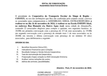 Edital de Convocação para Assembleia Geral Extraordinária: Cooperativa do Transporte Escolar e Região – COOTEX