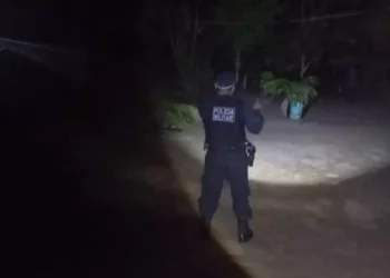 A imagem mostra um policial militar de costas, enquanto ilumina o local do crime com uma lanterna. (Foto: Reprodução | Redes sociais)