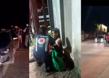 A imagem em destaque mostra o táxi sequestrado (à esquerda), a vítima sendo atendida pelo Samu (no meio) e o momento que o rapaz é sequestrado (à direita). (Foto: Reprodução | O Impacto)