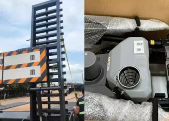 A imagem mostra uma prancha para caminhão (à esquerda) e um drone agrícola (à direita), objetos apreendidos pela Secretaria da Fazenda do Pará (Sefa). (Foto: Divulgação | Agência Pará)