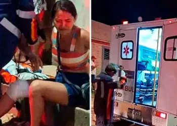 A imagem em destaque mostra uma das vítimas sendo atendida pelo Samu (à esquerda) e uma ambulância (à direita). (Foto: Reprodução | O Impacto)