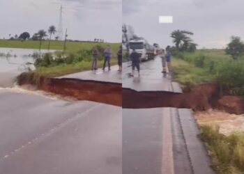 Cratera "corta", de uma ponta a outra, trecho da BR-155. — Foto: Reprodução / Redes sociais