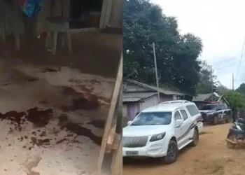 A imagem em destaque mostra rastros de sangue (à esquerda) e uma viatura da Polícia Civil (à direita) junto com um carro funerário no local do crime. (Foto: Reprodução | Redes sociais)