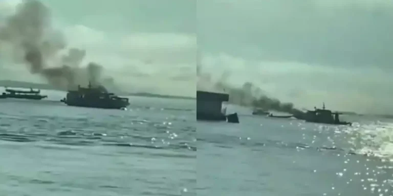 A imagem em destaque mostra fumaça saindo da embarcação atingida pelo incêndio. (Foto: Reprodução | Giro Portal)