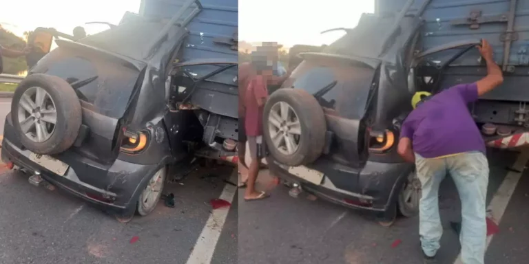 A imagem mostra o veículo após o acidente com o caminhão. (Foto: Redes Sociais)