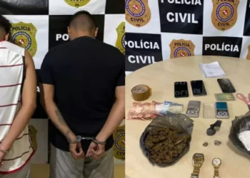A imagem em destaque mostra os presos (à esquerda) e as drogas e objetos encontrados pela Polícia Civil na casa de um dos suspeitos (à direita). (Foto: Divulgação | PC)