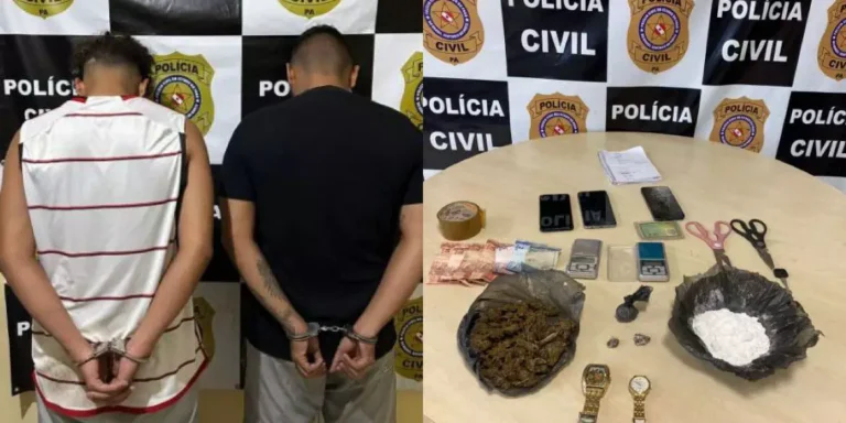 A imagem em destaque mostra os presos (à esquerda) e as drogas e objetos encontrados pela Polícia Civil na casa de um dos suspeitos (à direita). (Foto: Divulgação | PC)