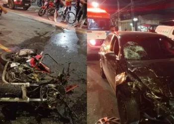 A imagem em destaque mostra a motocicleta que a vítima conduzia (à esquerda) e o carro em que ela colidiu (à direita). (Foto: Divulgação | PMPA)