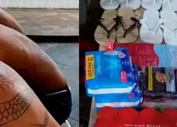 A imagem em destaque mostra os suspeitos na delegacia (à esquerda) e a mercadoria apreendida pela Polícia Militar com eles (à direita). (Foto: Reprodução | O Impacto)