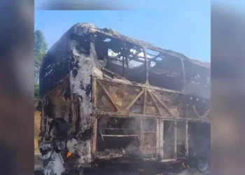 Toda a estrutura do ônibus foi consumida pelas chamas (Foto: Reprodução | Portal Giro)