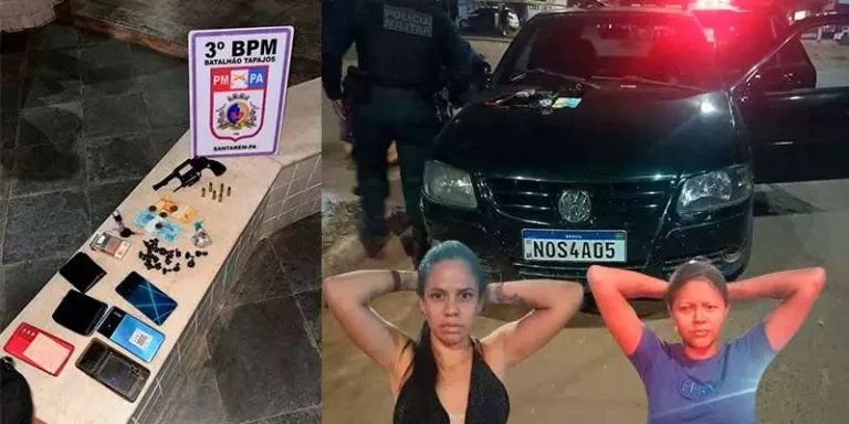 A imagem em destaque mostra o material apreendido com as suspeitas, o carro onde elas estavam e as presas. (Foto: Reprodução | O Impacto)