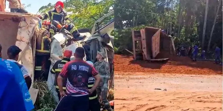 Motorista fica preso em ferragens após caçamba tombar em rodovia de Santarém. (Foto: O Impacto Santarém)