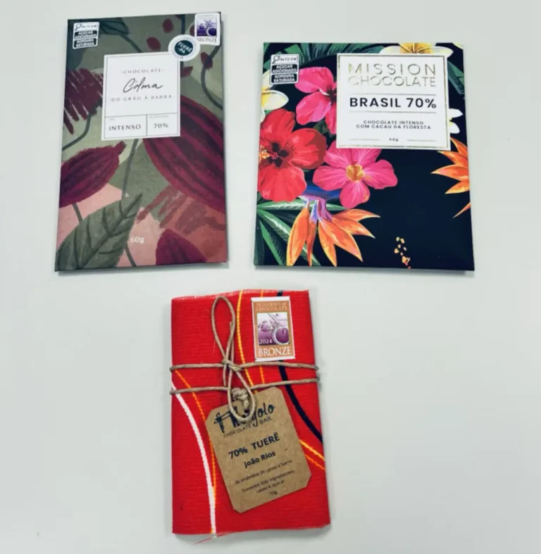 Chocolates vencedores que utilizaram o cacau do Tuerê, no Pará: C’Alma (ouro), Mission (prata) e Monjolo (bronze).