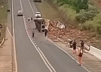 Carreta carregada de madeira tomba na BR-230 entre Altamira e Brasil Novo (PA)